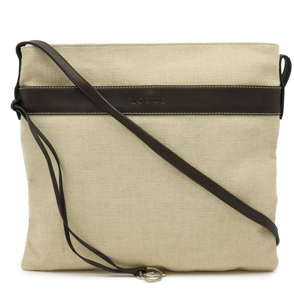 Loewe Shoulder Bag Hobo Crossbody Gusset Canvas Leather Beige Cream Dark Brown